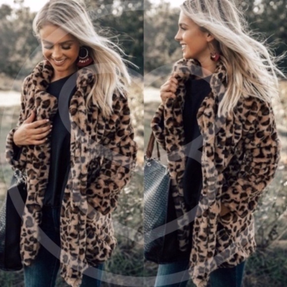 Cozy Camel Leopard Print teddy open front Jacket Coat - Picture 3 of 3